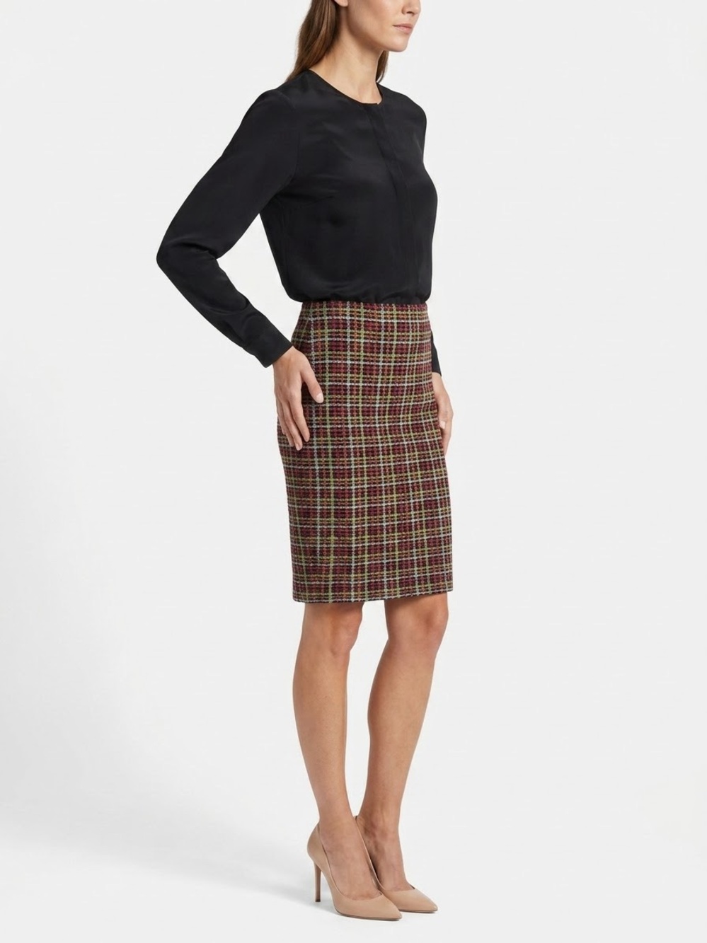 St John Collection Marie Gray Plaid Tweed Knit Pencil Skirt Womens Size 2 Preppy